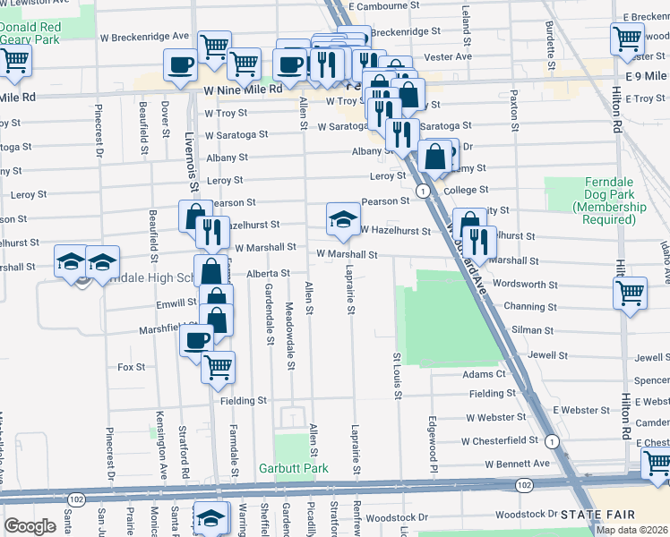 map of restaurants, bars, coffee shops, grocery stores, and more near 401 West Marshall Street in Ferndale
