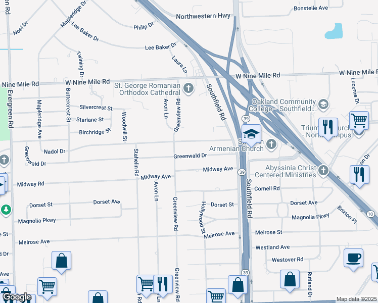 map of restaurants, bars, coffee shops, grocery stores, and more near 18441 Nadol Drive in Southfield