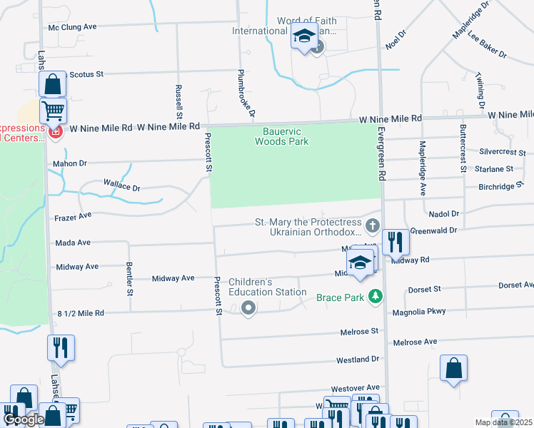 map of restaurants, bars, coffee shops, grocery stores, and more near 20582 Woodburn Drive in Southfield