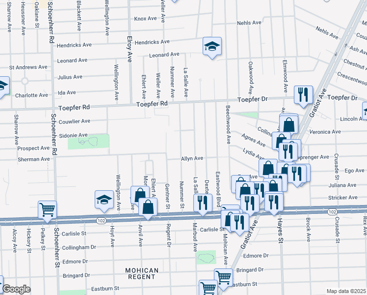 map of restaurants, bars, coffee shops, grocery stores, and more near 21136 Nummer Street in Warren