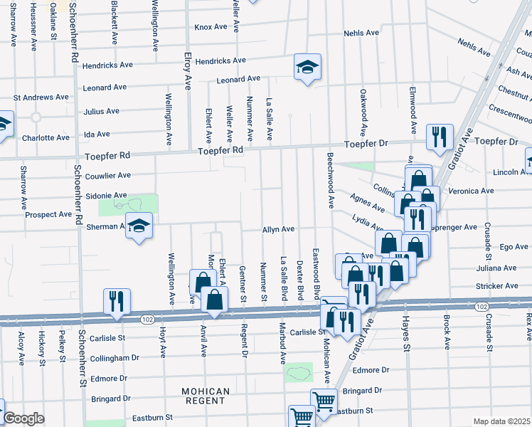 map of restaurants, bars, coffee shops, grocery stores, and more near 21136 Nummer Street in Warren