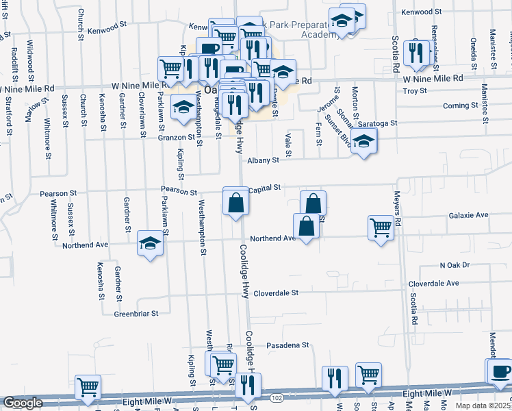 map of restaurants, bars, coffee shops, grocery stores, and more near 21790 Coolidge Highway in Oak Park