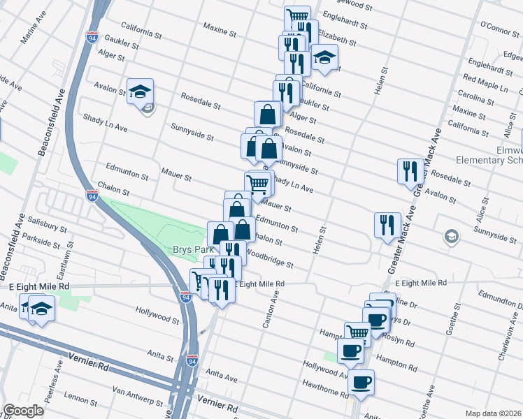 map of restaurants, bars, coffee shops, grocery stores, and more near 21532 Harper Avenue in St. Clair Shores