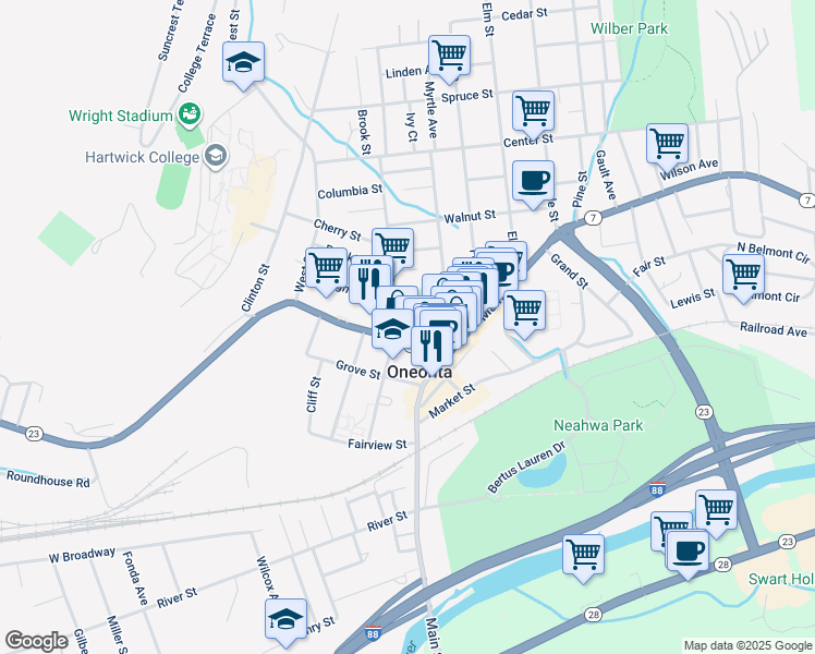 map of restaurants, bars, coffee shops, grocery stores, and more near 62 Chestnut Street in Oneonta