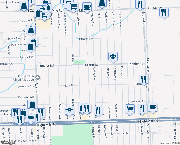 map of restaurants, bars, coffee shops, grocery stores, and more near 21601 Doepfer Road in Warren