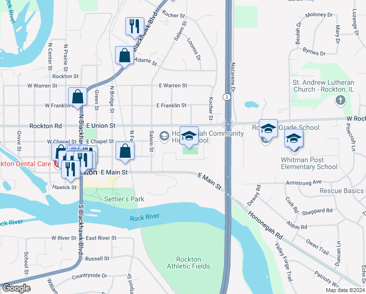 map of restaurants, bars, coffee shops, grocery stores, and more near 307 Salem Street in Rockton