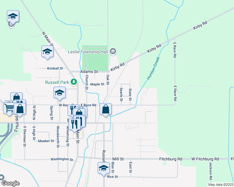 map of restaurants, bars, coffee shops, grocery stores, and more near 308 Searle Street in Leslie