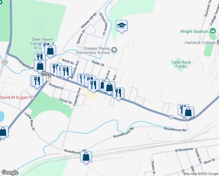map of restaurants, bars, coffee shops, grocery stores, and more near 6-10 West End Avenue in Oneonta