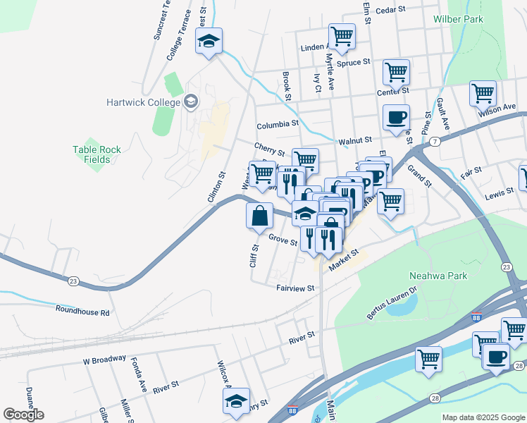 map of restaurants, bars, coffee shops, grocery stores, and more near 80-92 New York 7 in Oneonta