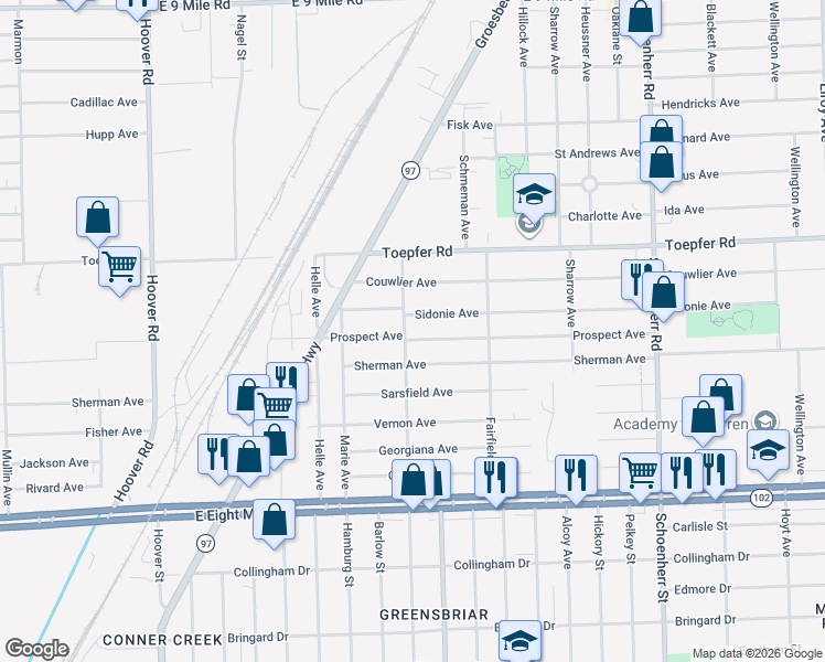 map of restaurants, bars, coffee shops, grocery stores, and more near 12740 Sidonie Avenue in Warren