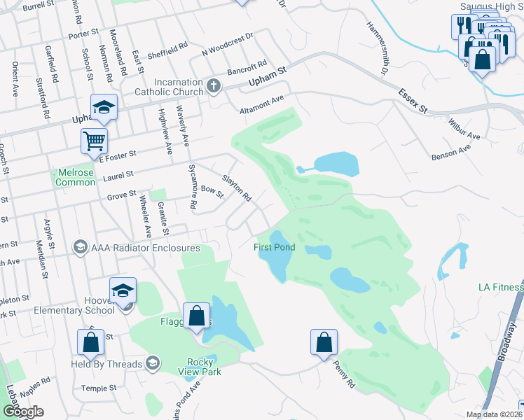 map of restaurants, bars, coffee shops, grocery stores, and more near 5 Angela Circle in Melrose