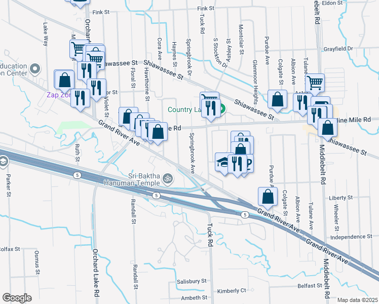 map of restaurants, bars, coffee shops, grocery stores, and more near 22038 Springbrook Avenue in Farmington Hills