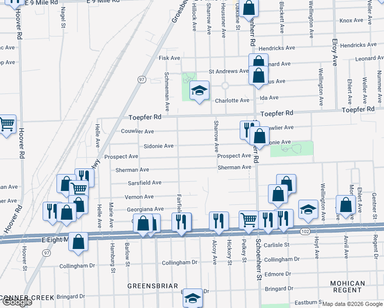 map of restaurants, bars, coffee shops, grocery stores, and more near 13051 Prospect Avenue in Warren