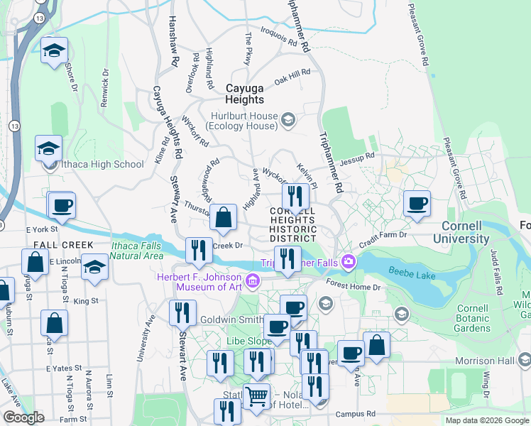 map of restaurants, bars, coffee shops, grocery stores, and more near 316 Thurston Avenue in Ithaca
