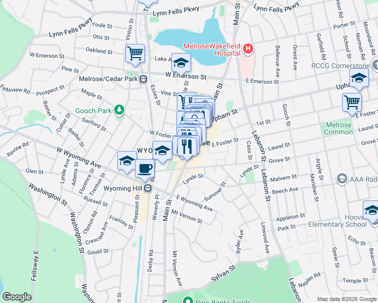 map of restaurants, bars, coffee shops, grocery stores, and more near in Melrose