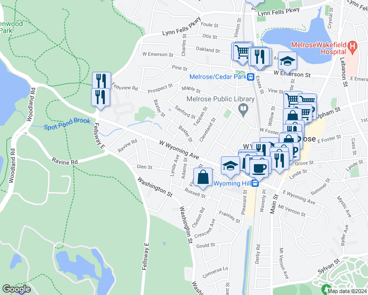 map of restaurants, bars, coffee shops, grocery stores, and more near 189 West Wyoming Avenue in Melrose