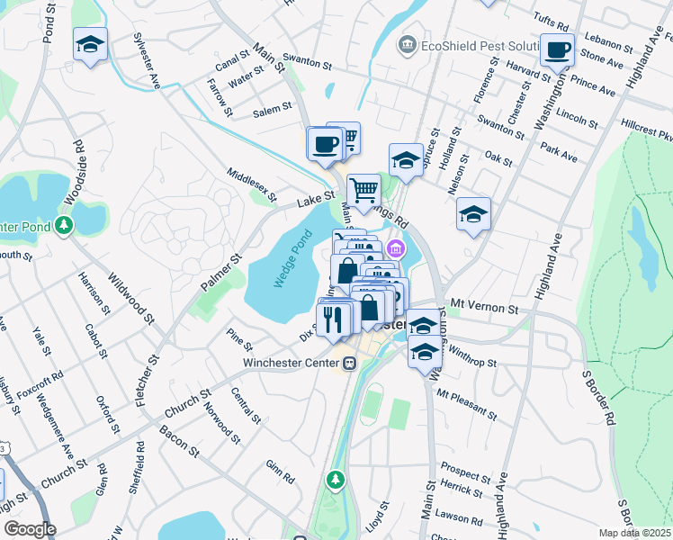 map of restaurants, bars, coffee shops, grocery stores, and more near 1 Wedge Pond Road in Winchester