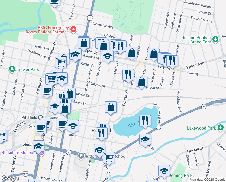 map of restaurants, bars, coffee shops, grocery stores, and more near 111 Lincoln Street in Pittsfield