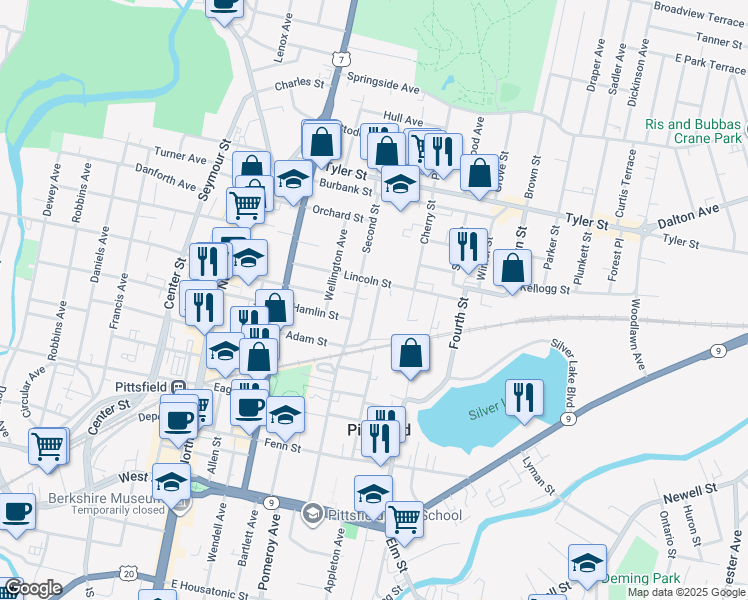 map of restaurants, bars, coffee shops, grocery stores, and more near 88 Lincoln Street in Pittsfield