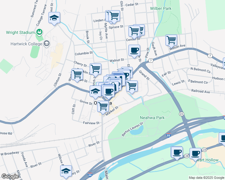 map of restaurants, bars, coffee shops, grocery stores, and more near 11 Dietz Street in Oneonta