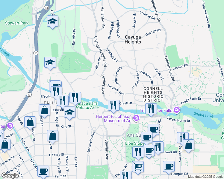 map of restaurants, bars, coffee shops, grocery stores, and more near 117 Thurston Avenue in Ithaca