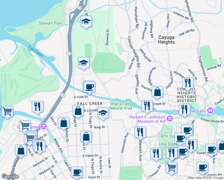 map of restaurants, bars, coffee shops, grocery stores, and more near 131 Kline Road in Ithaca