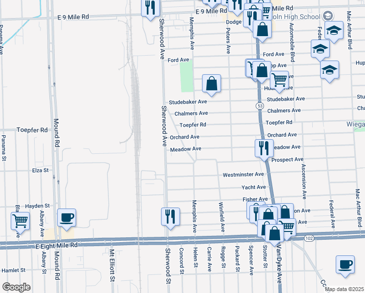 map of restaurants, bars, coffee shops, grocery stores, and more near 6810 Orchard Avenue in Warren