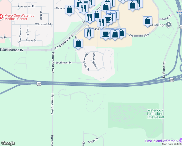 map of restaurants, bars, coffee shops, grocery stores, and more near 1433 Hummingbird Circle in Waterloo