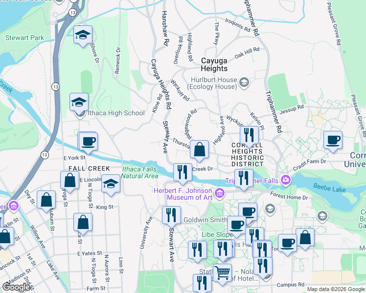 map of restaurants, bars, coffee shops, grocery stores, and more near 117 Thurston Avenue in Ithaca