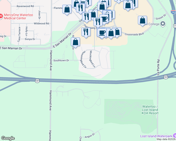 map of restaurants, bars, coffee shops, grocery stores, and more near 1433 Hummingbird Circle in Waterloo