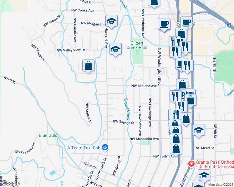 map of restaurants, bars, coffee shops, grocery stores, and more near 712 Northwest Sandy Drive in Grants Pass