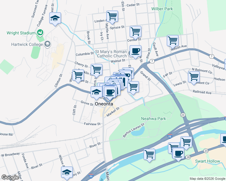 map of restaurants, bars, coffee shops, grocery stores, and more near 11 Dietz Street in Oneonta