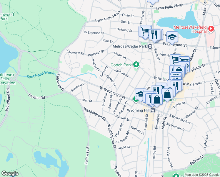 map of restaurants, bars, coffee shops, grocery stores, and more near 189 West Wyoming Avenue in Melrose