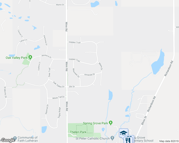 map of restaurants, bars, coffee shops, grocery stores, and more near 2320 Amanda Drive in Spring Grove