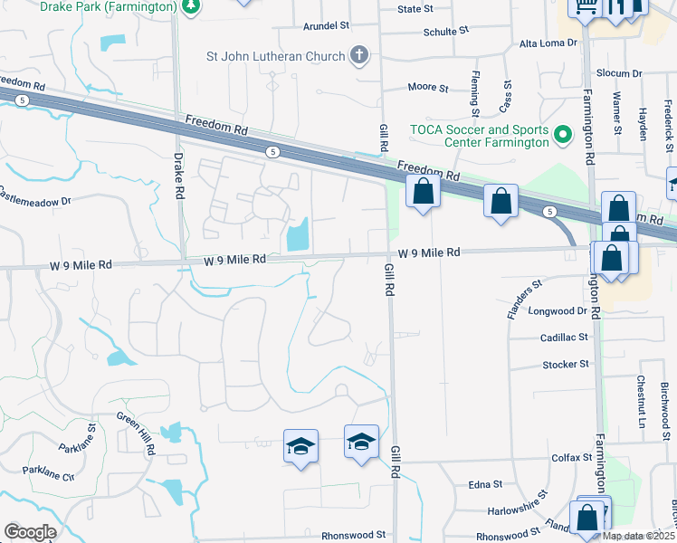 map of restaurants, bars, coffee shops, grocery stores, and more near 22180 Indian Creek Drive in Farmington Hills