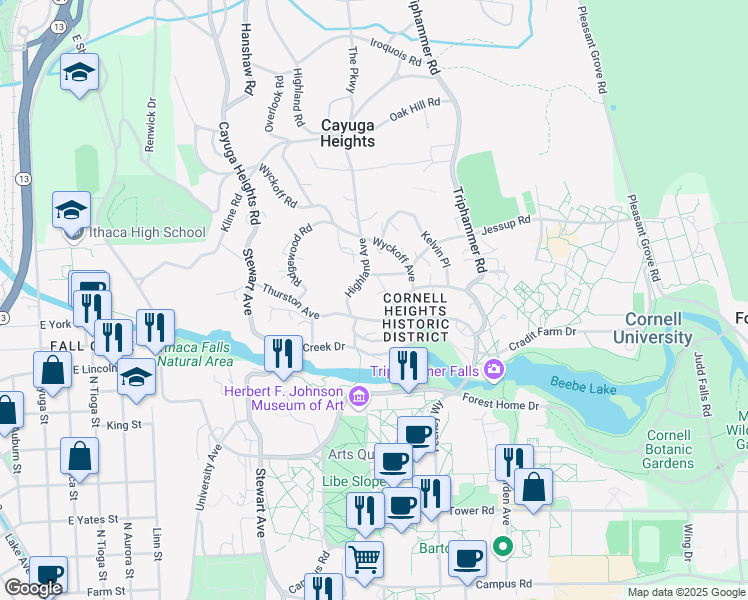 map of restaurants, bars, coffee shops, grocery stores, and more near 312 Thurston Avenue in Ithaca