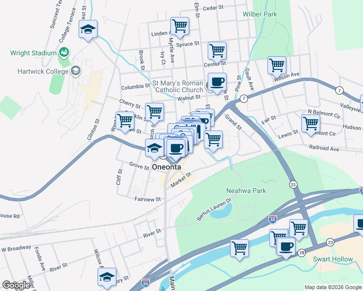 map of restaurants, bars, coffee shops, grocery stores, and more near 6 Dietz Street in Oneonta