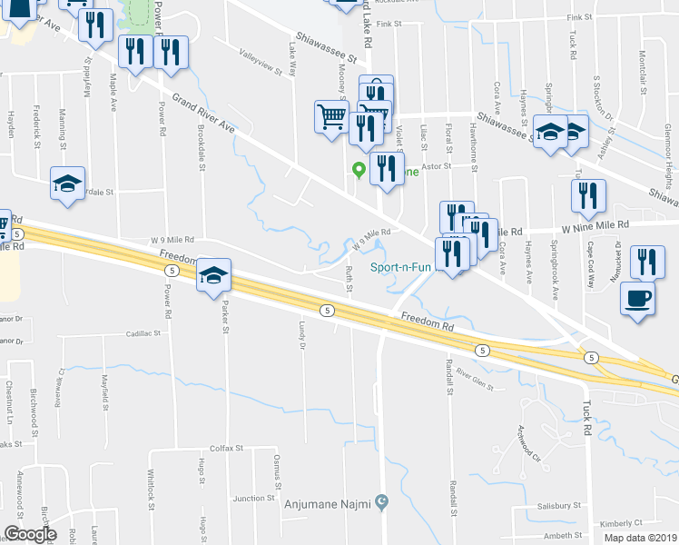 map of restaurants, bars, coffee shops, grocery stores, and more near 31540 Freedom Road in Farmington Hills
