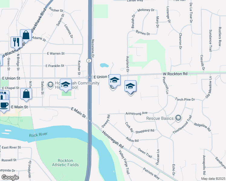 map of restaurants, bars, coffee shops, grocery stores, and more near 1050 East Union Street in Rockton