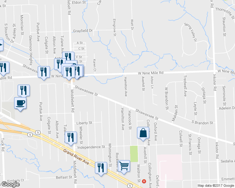 map of restaurants, bars, coffee shops, grocery stores, and more near 29040 Shiawassee Road in Farmington Hills