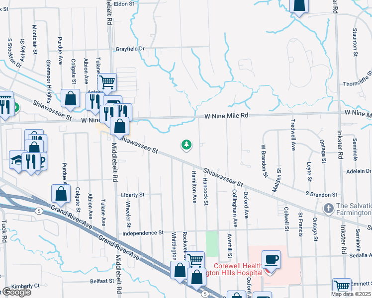 map of restaurants, bars, coffee shops, grocery stores, and more near 29040 Shiawassee Road in Farmington Hills