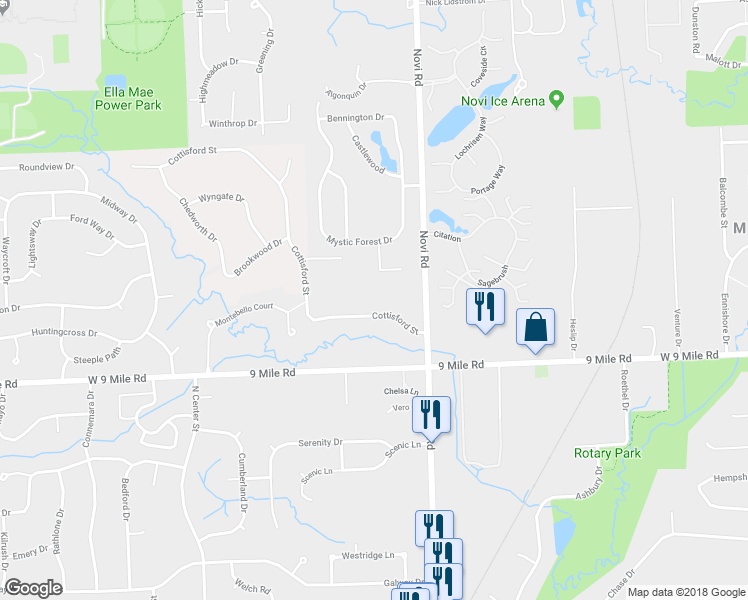 map of restaurants, bars, coffee shops, grocery stores, and more near 43534 Cottisford Street in Northville