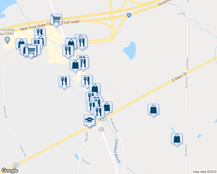 map of restaurants, bars, coffee shops, grocery stores, and more near 3738 East Main Street in Fredonia