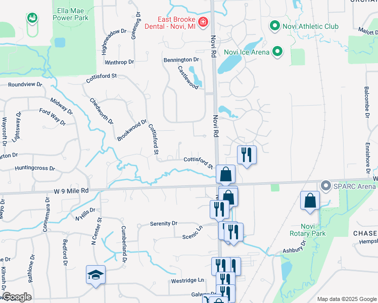 map of restaurants, bars, coffee shops, grocery stores, and more near 43534 Cottisford Street in Northville