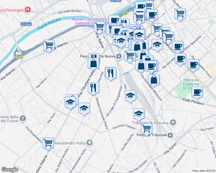 map of restaurants, bars, coffee shops, grocery stores, and more near Via Ciglia Cetteo in Pescara