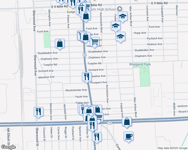 map of restaurants, bars, coffee shops, grocery stores, and more near 8037 Meadow Avenue in Warren