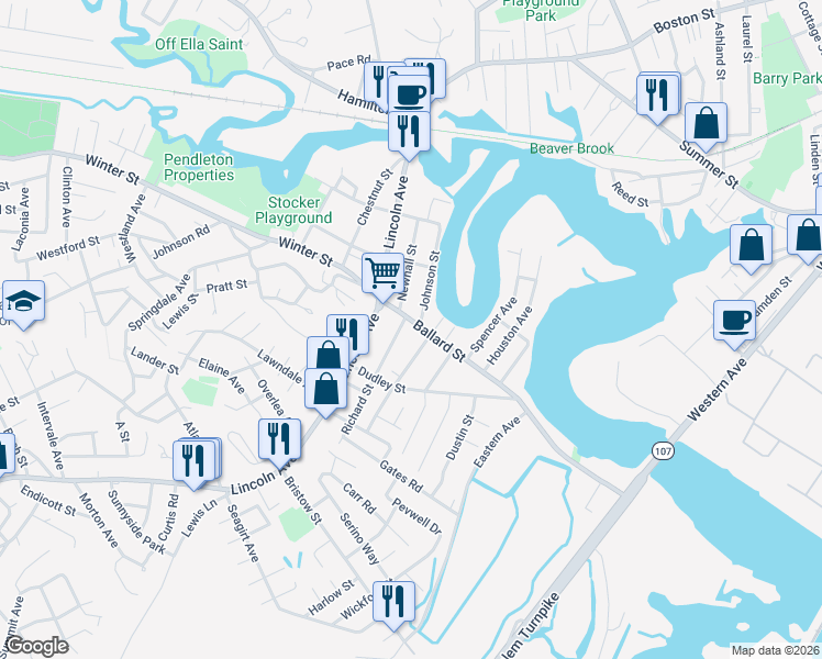 map of restaurants, bars, coffee shops, grocery stores, and more near 17 Ballard Street in Saugus