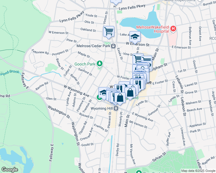 map of restaurants, bars, coffee shops, grocery stores, and more near 99 Cottage Street in Melrose