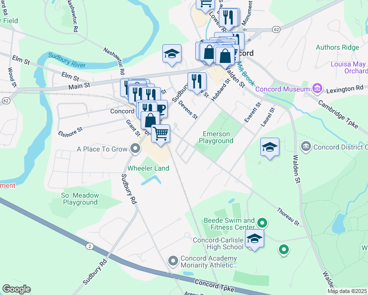 map of restaurants, bars, coffee shops, grocery stores, and more near 218 Thoreau Street in Concord