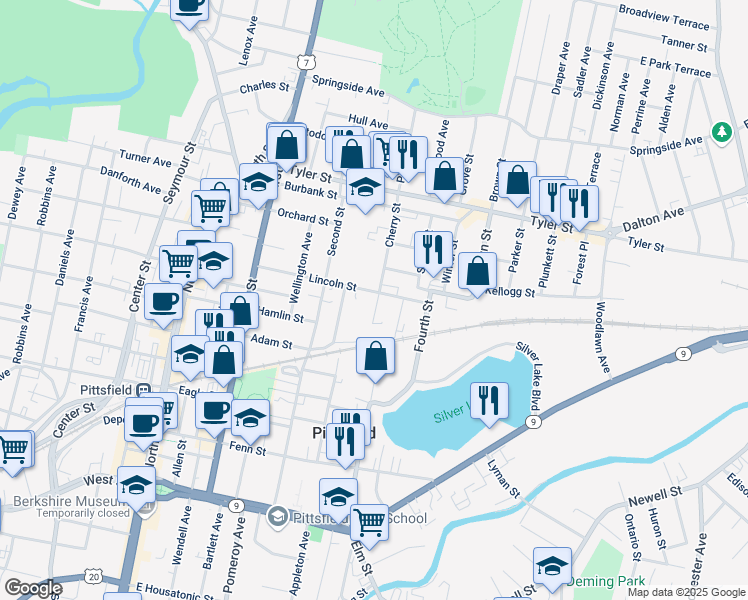 map of restaurants, bars, coffee shops, grocery stores, and more near 111 Lincoln Street in Pittsfield